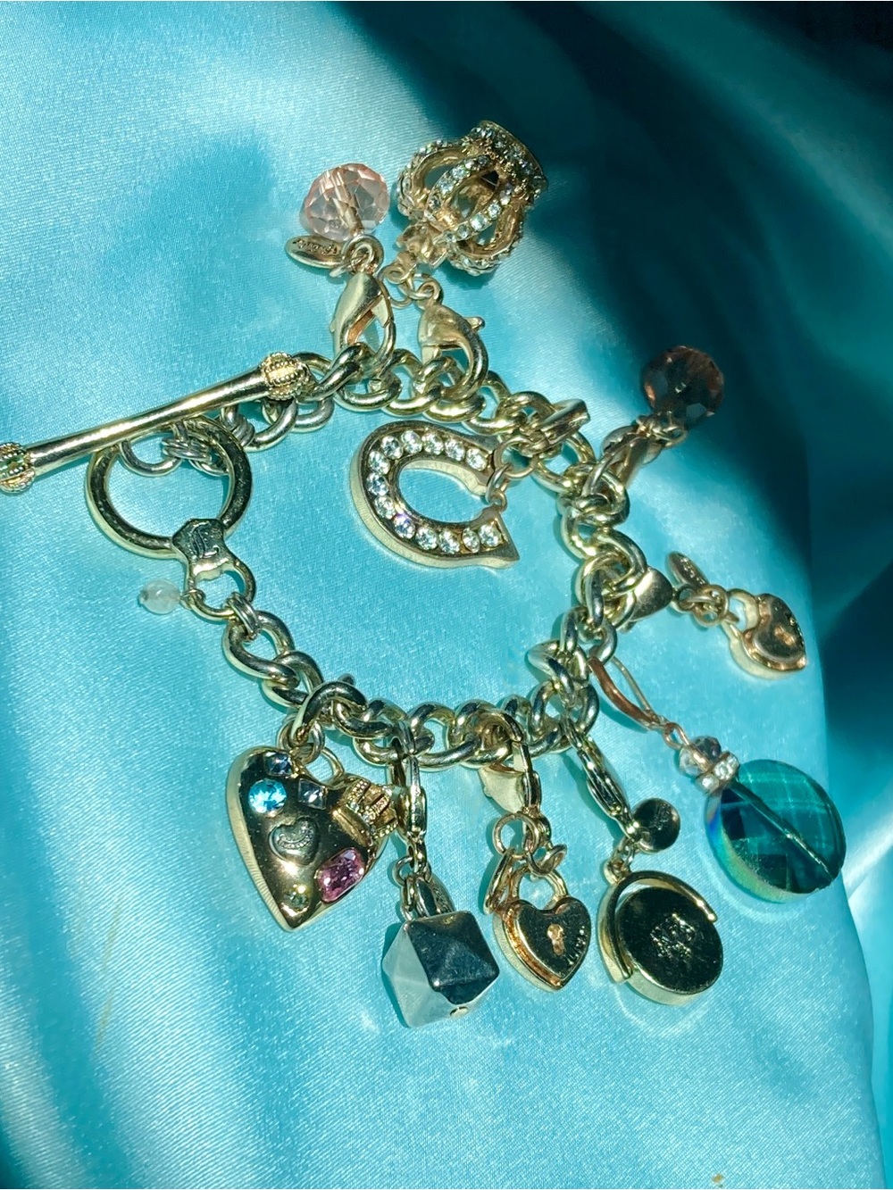 Juicy Couture Gold-Tone Charm Bracelet Blue-Green Crystal Pink Accent Euc